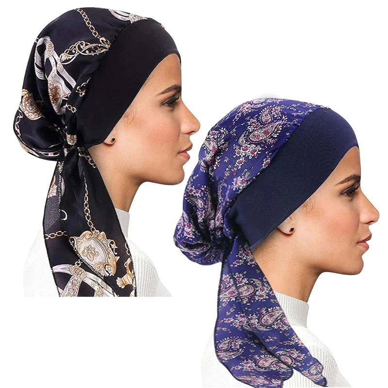 2PCS Women Printed Pre-Tied Turban Cap Long Tail Headscarf Strechy Bandana Muslim Hijab Inner Caps Hair Loss Cover BeaniesBonnet