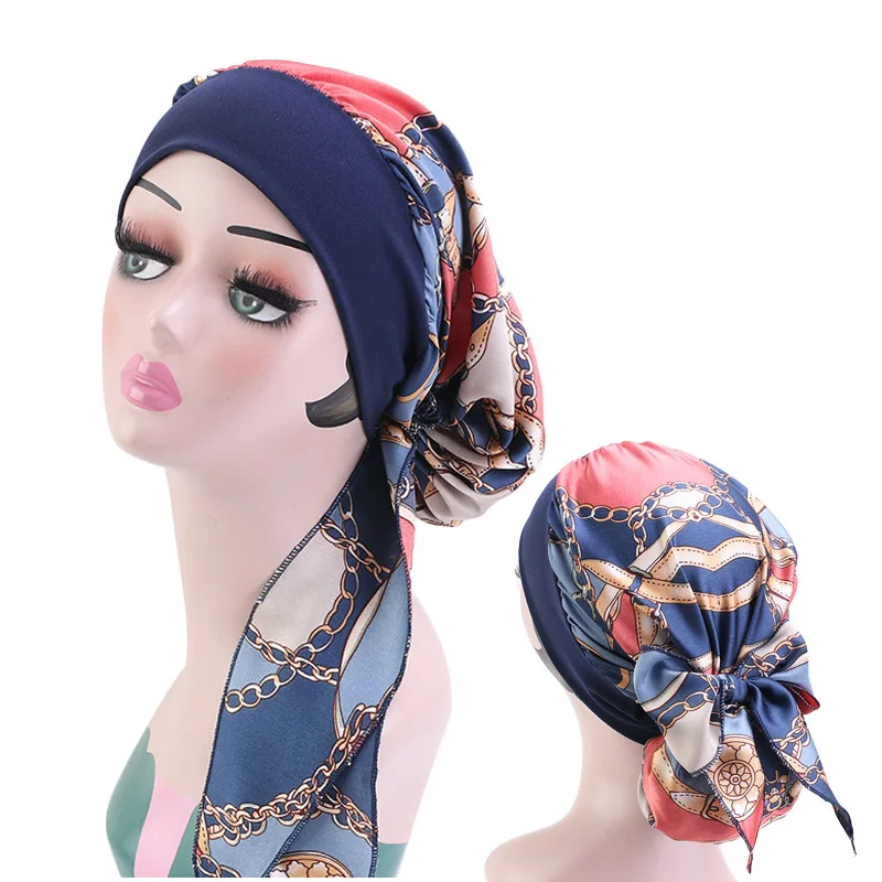 2PCS Women Printed Pre-Tied Turban Cap Long Tail Headscarf Strechy Bandana Muslim Hijab Inner Caps Hair Loss Cover BeaniesBonnet