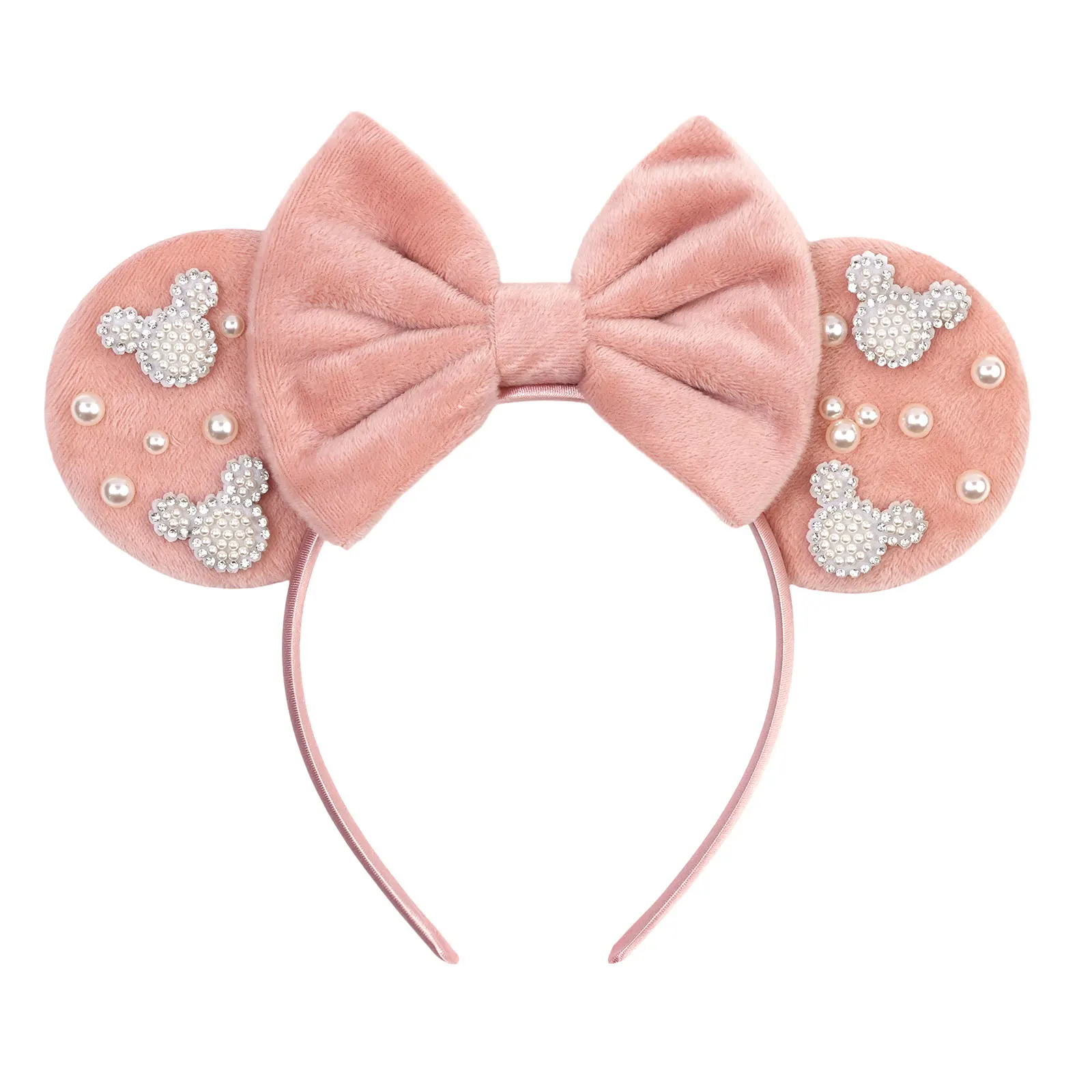 Cute Pink Plush Mouse Ears Headband With Rhinestone Bow Pearl Accents For Party Cosplay DIY Birthday Gift, Kids & Adults