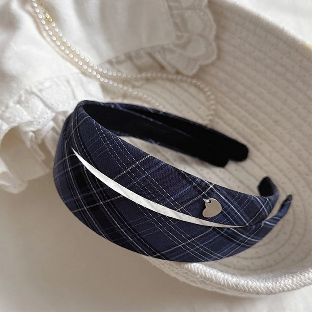 Vintage Elastic Hair Hoop Blue Plaid Headband With Heart Pendant Women Hair Accessories For Daily Party Wear