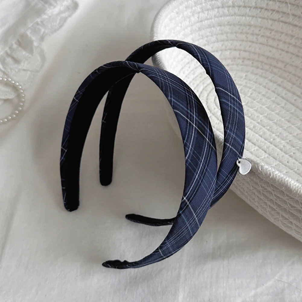 Vintage Elastic Hair Hoop Blue Plaid Headband With Heart Pendant Women Hair Accessories For Daily Party Wear