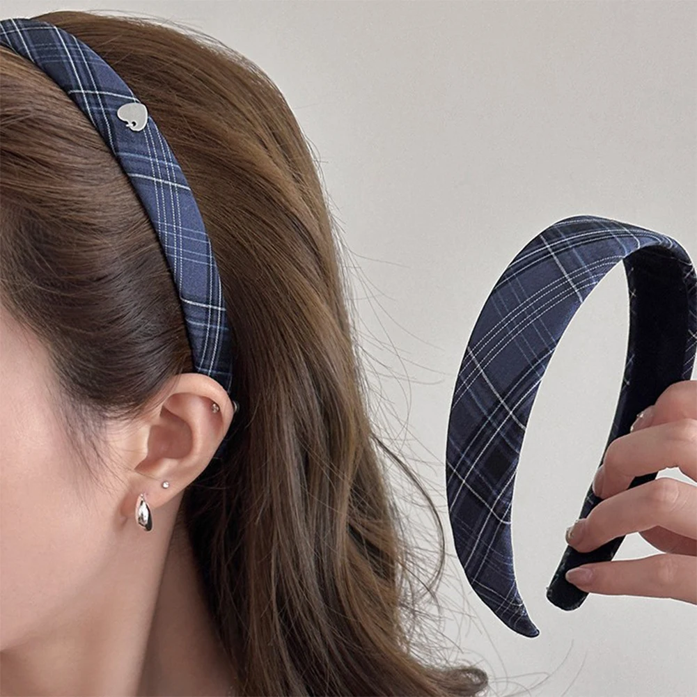 Vintage Elastic Hair Hoop Blue Plaid Headband With Heart Pendant Women Hair Accessories For Daily Party Wear