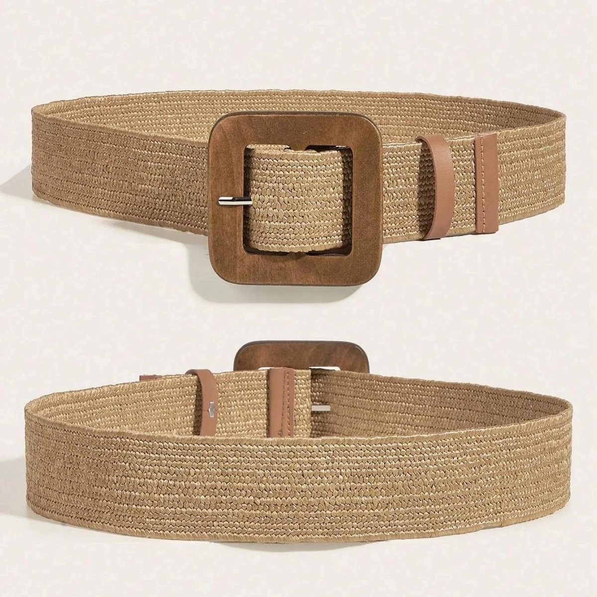 1pc Women Square Wooden Buckle Boho Straw Belt For Daily Decoration Weave Detail Women Belt Girdle For Dress Jeans Summer Beach