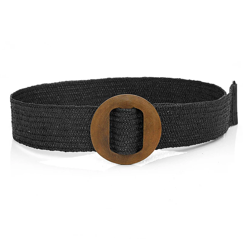 1pc Women Square Wooden Buckle Boho Straw Belt For Daily Decoration Weave Detail Women Belt Girdle For Dress Jeans Summer Beach