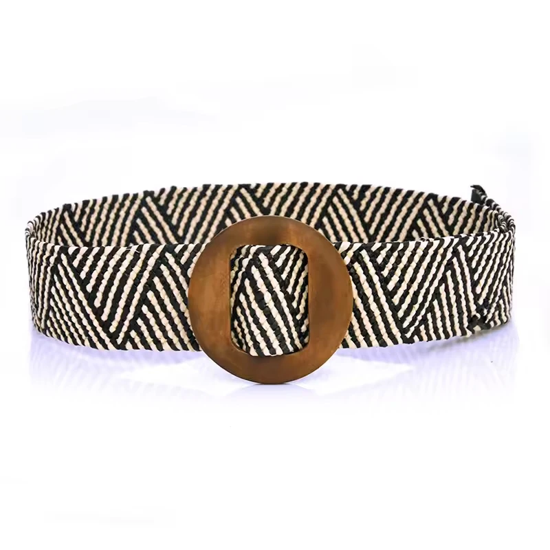 1pc Women Square Wooden Buckle Boho Straw Belt For Daily Decoration Weave Detail Women Belt Girdle For Dress Jeans Summer Beach