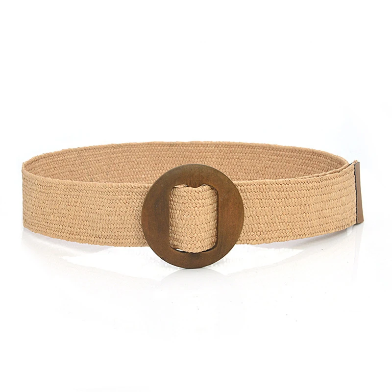 1pc Women Square Wooden Buckle Boho Straw Belt For Daily Decoration Weave Detail Women Belt Girdle For Dress Jeans Summer Beach