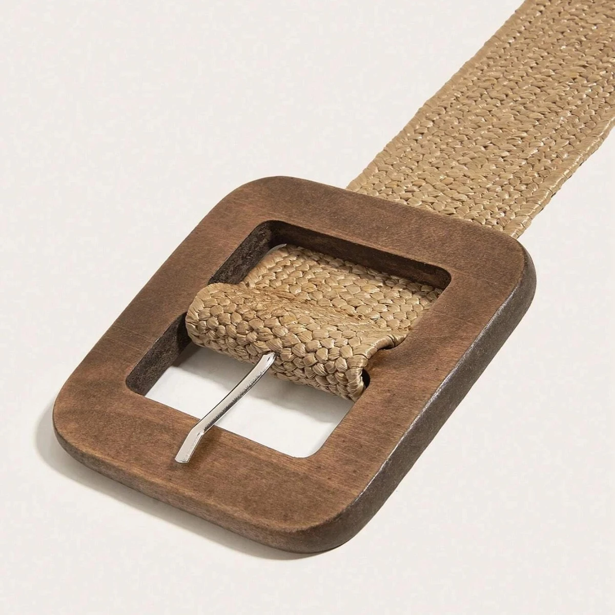 1pc Women Square Wooden Buckle Boho Straw Belt For Daily Decoration Weave Detail Women Belt Girdle For Dress Jeans Summer Beach