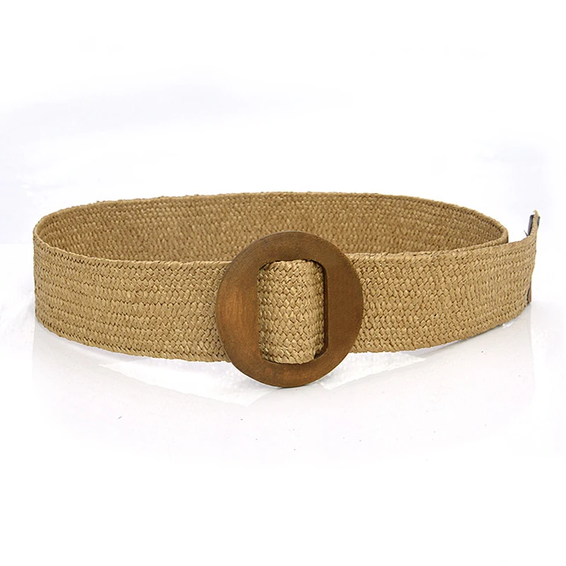 1pc Women Square Wooden Buckle Boho Straw Belt For Daily Decoration Weave Detail Women Belt Girdle For Dress Jeans Summer Beach