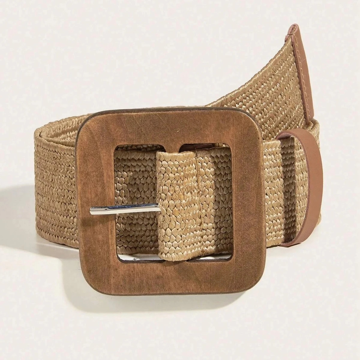 1pc Women Square Wooden Buckle Boho Straw Belt For Daily Decoration Weave Detail Women Belt Girdle For Dress Jeans Summer Beach