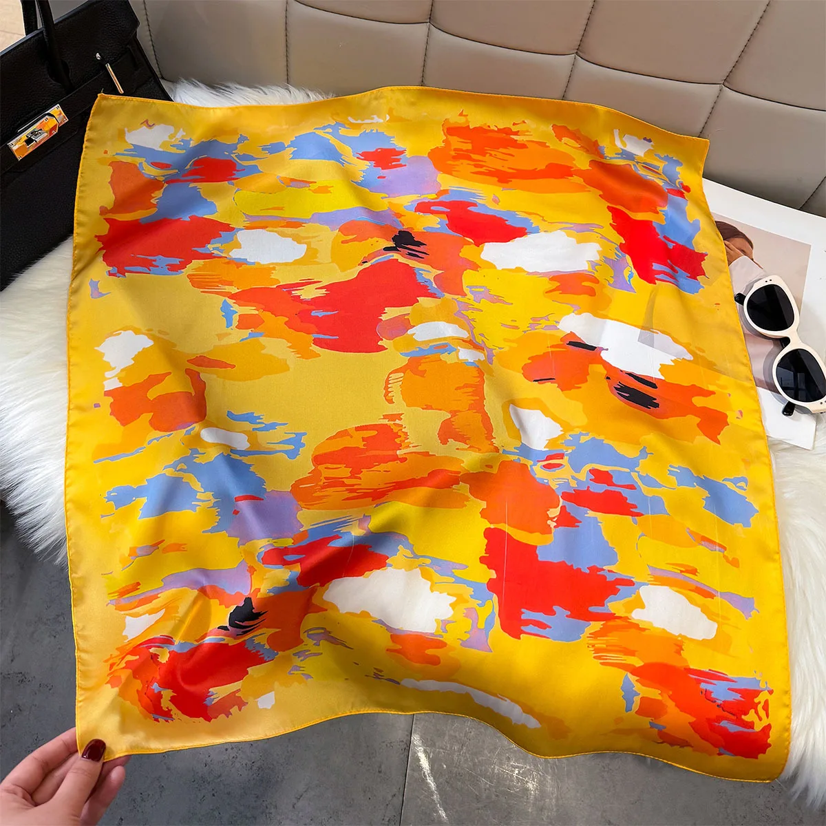 Artistic Print Silk Square Scarfs for Women Headscarf Soft Hijab All Seasons Decorate Fashion Neckerchief Female Foulard Bandana