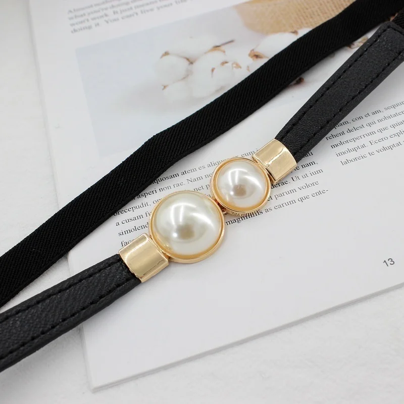 Elegant Double Pearls Buckle Elastic Women Belts Thin Straps Lady Girl Dress Skirt Decor Waistbands Trouser Dress Decoration