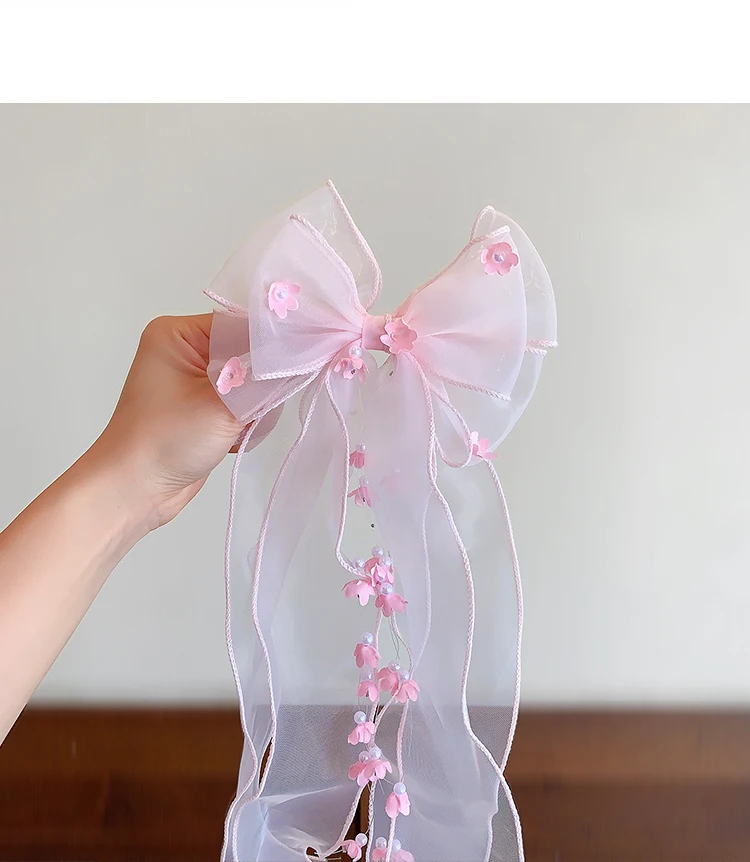 Cute Princess Tulle Bow Hair Clips for Girl Long Ribbon Streamer Flower Decor Hair Barrettes Toddler Kids Sweet Hair Accessories