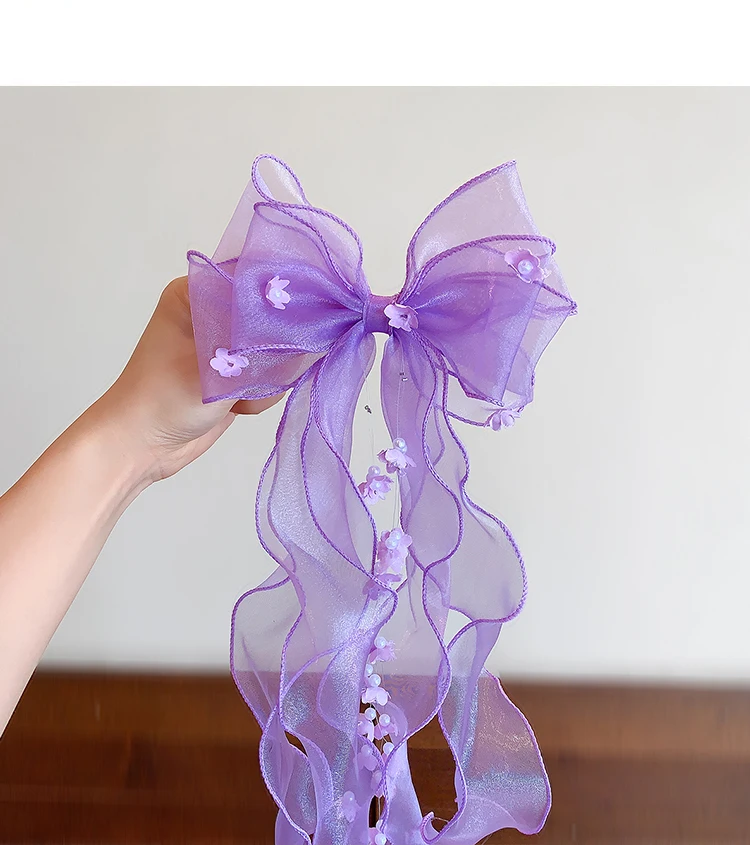 Cute Princess Tulle Bow Hair Clips for Girl Long Ribbon Streamer Flower Decor Hair Barrettes Toddler Kids Sweet Hair Accessories
