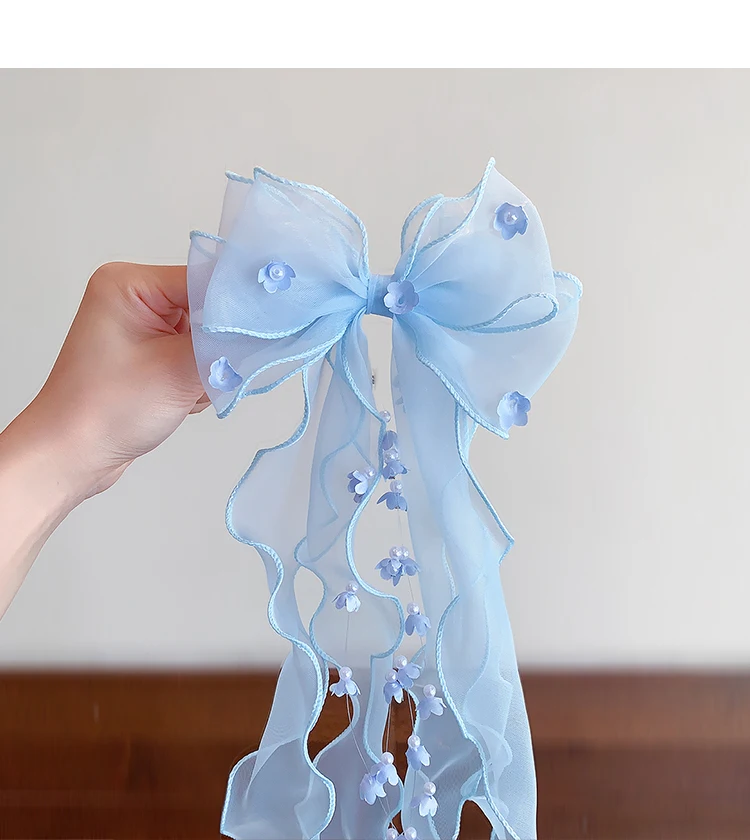 Cute Princess Tulle Bow Hair Clips for Girl Long Ribbon Streamer Flower Decor Hair Barrettes Toddler Kids Sweet Hair Accessories