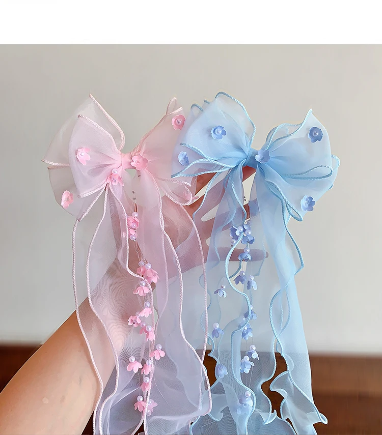 Cute Princess Tulle Bow Hair Clips for Girl Long Ribbon Streamer Flower Decor Hair Barrettes Toddler Kids Sweet Hair Accessories