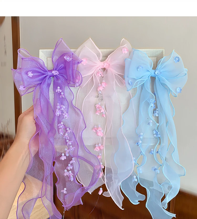 Cute Princess Tulle Bow Hair Clips for Girl Long Ribbon Streamer Flower Decor Hair Barrettes Toddler Kids Sweet Hair Accessories