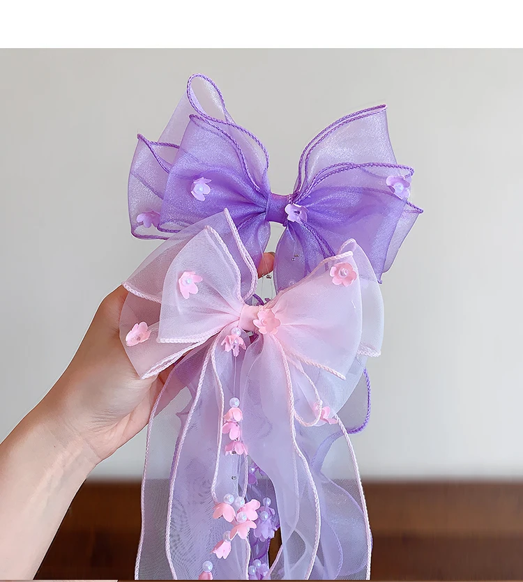 Cute Princess Tulle Bow Hair Clips for Girl Long Ribbon Streamer Flower Decor Hair Barrettes Toddler Kids Sweet Hair Accessories