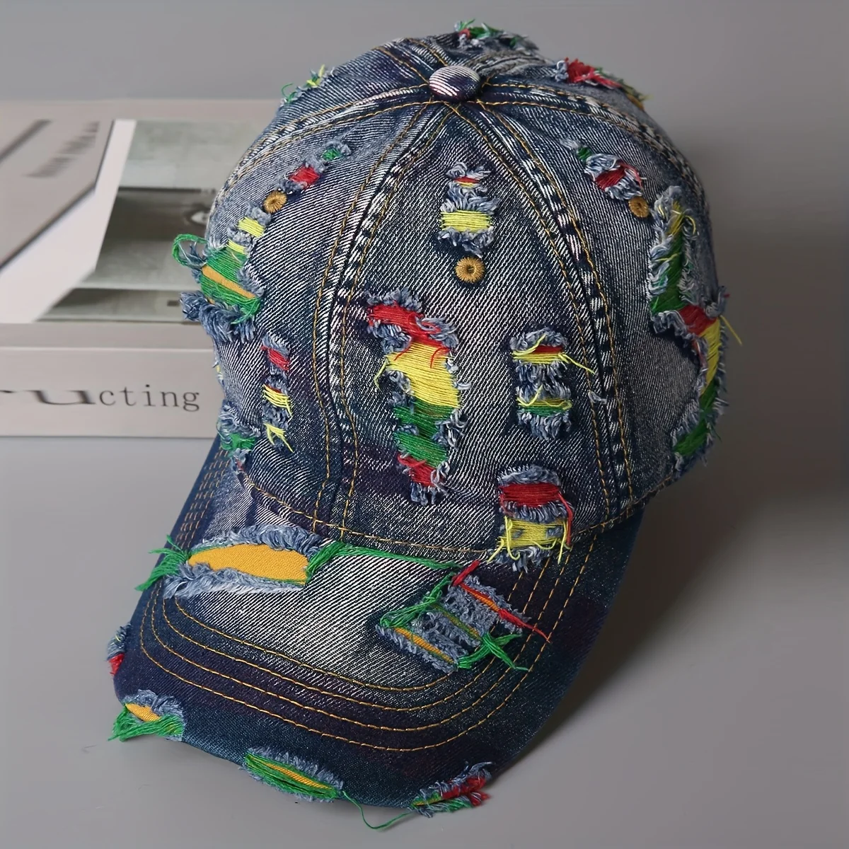 Unisex Retro Distressed Denim Baseball Cap - Adjustable Snap-Button Korean Style Ripped Cap, Breathable Washed Denim Fabric