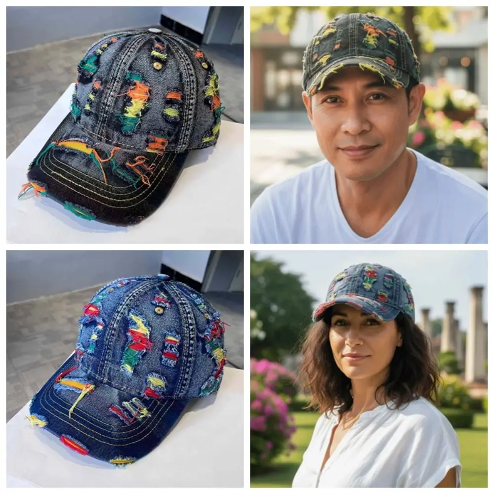 Unisex Retro Distressed Denim Baseball Cap - Adjustable Snap-Button Korean Style Ripped Cap, Breathable Washed Denim Fabric