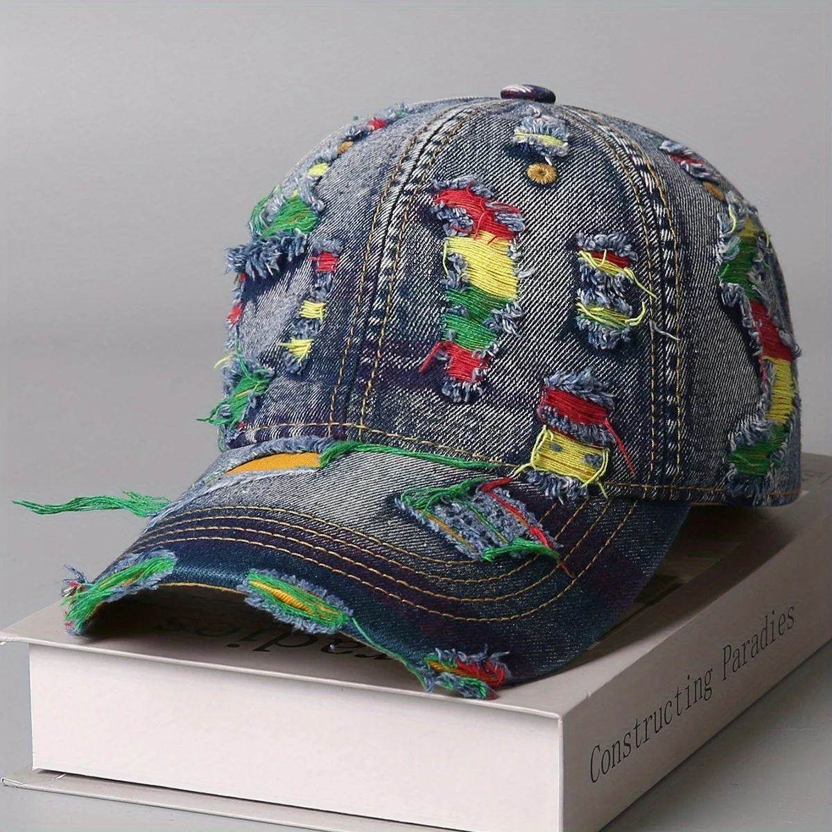 Unisex Retro Distressed Denim Baseball Cap - Adjustable Snap-Button Korean Style Ripped Cap, Breathable Washed Denim Fabric