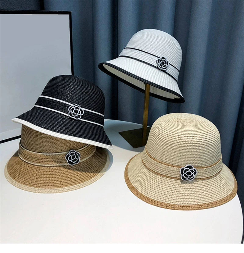Women's New Spring Summer Straw Camellia Bucket Hat Sunscreen Hat Elegant Floral Elegant Straw Travel Beach Panama Cap