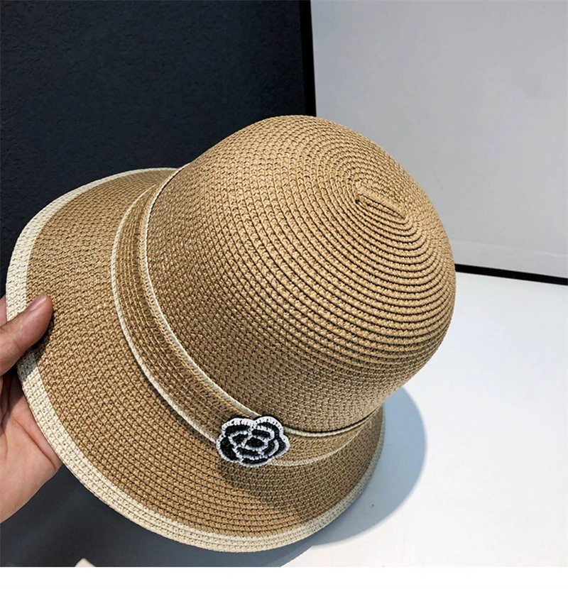 Women's New Spring Summer Straw Camellia Bucket Hat Sunscreen Hat Elegant Floral Elegant Straw Travel Beach Panama Cap