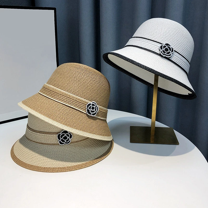 Women's New Spring Summer Straw Camellia Bucket Hat Sunscreen Hat Elegant Floral Elegant Straw Travel Beach Panama Cap