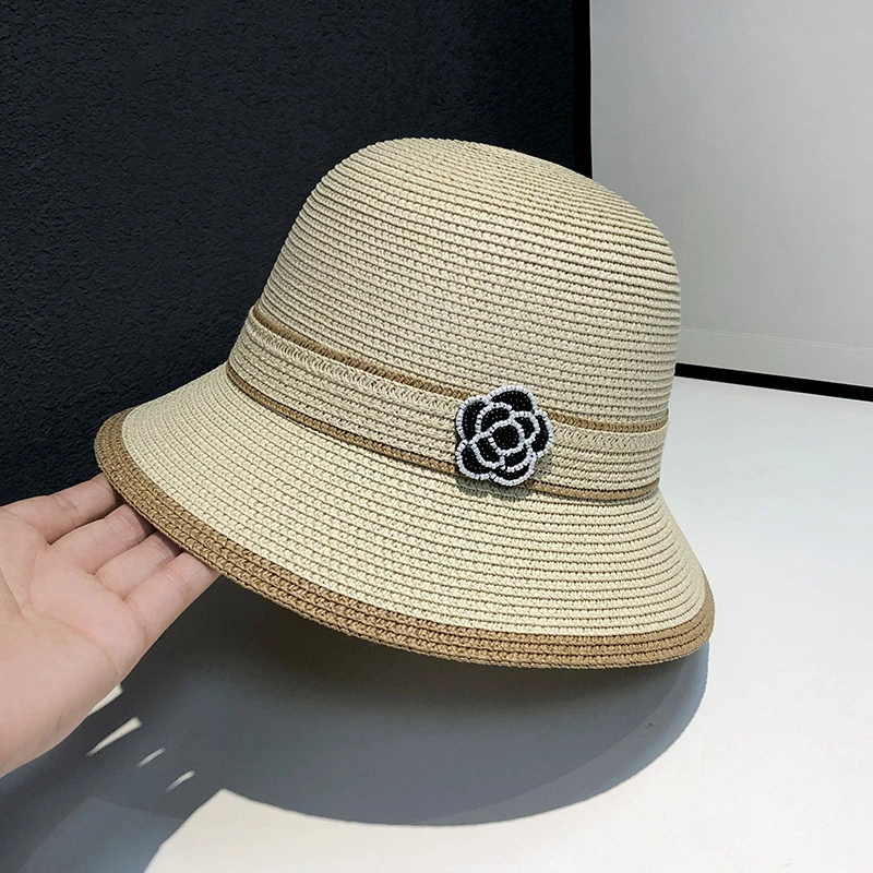 Women's New Spring Summer Straw Camellia Bucket Hat Sunscreen Hat Elegant Floral Elegant Straw Travel Beach Panama Cap