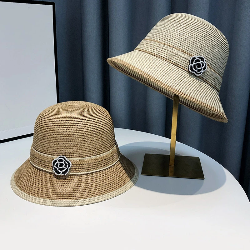Women's New Spring Summer Straw Camellia Bucket Hat Sunscreen Hat Elegant Floral Elegant Straw Travel Beach Panama Cap