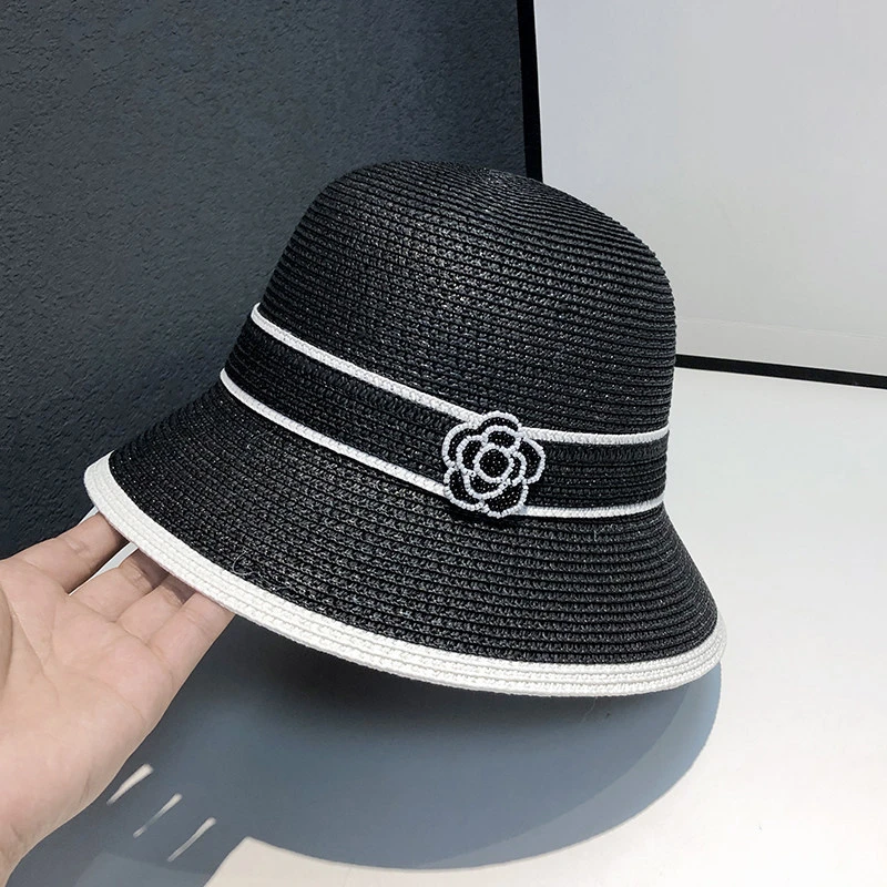 Women's New Spring Summer Straw Camellia Bucket Hat Sunscreen Hat Elegant Floral Elegant Straw Travel Beach Panama Cap