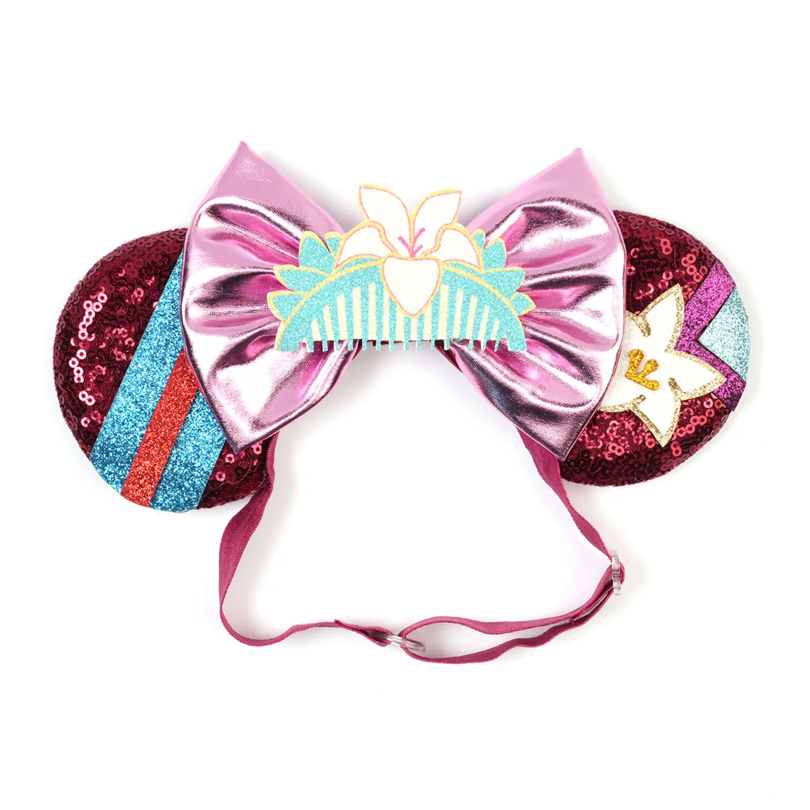 Mulan Elastic HairBands For Girls Cosplay Cartoon Clothing Ears Hair Accessories Women Magnolia Flower Sequins Bow Headband Kids