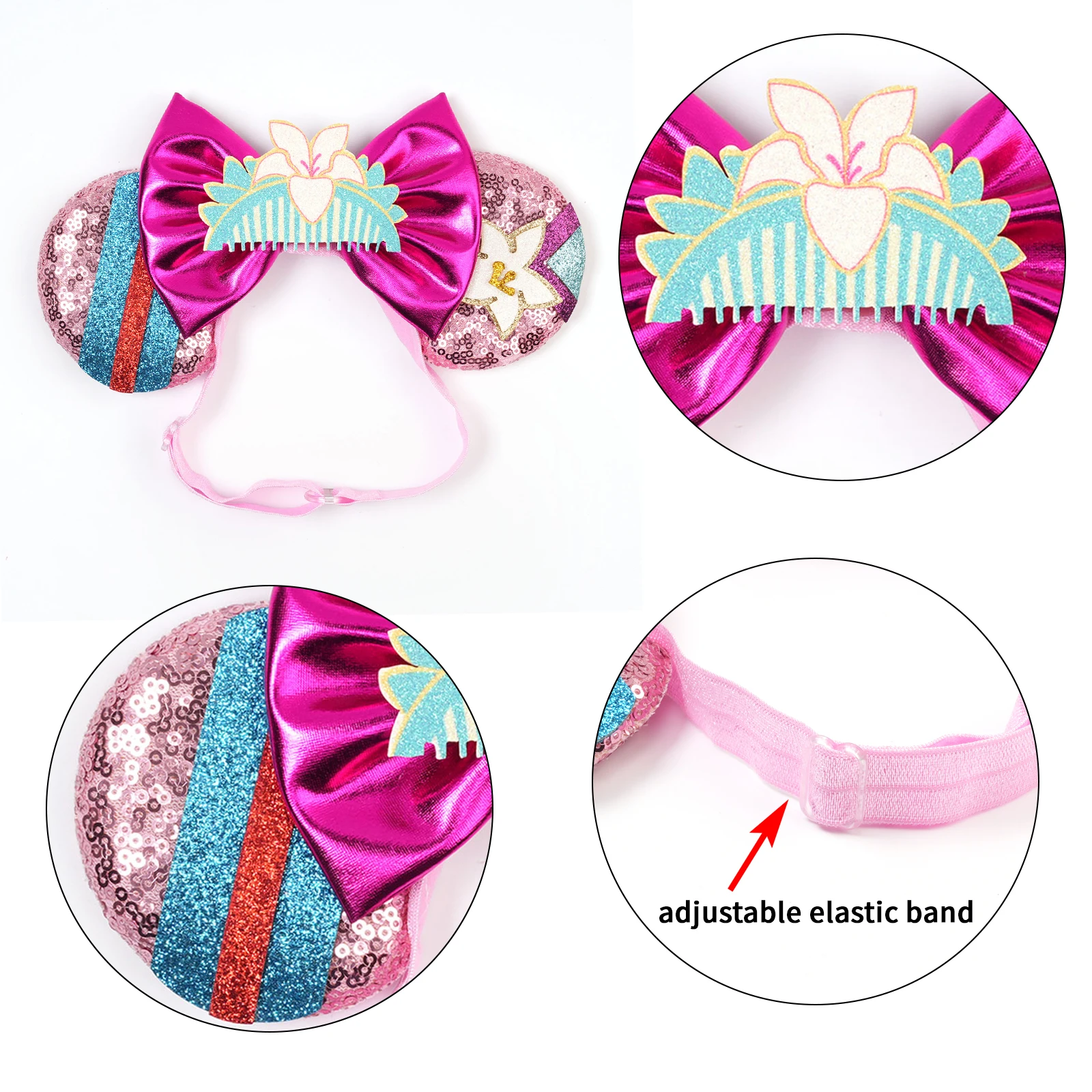 Mulan Elastic HairBands For Girls Cosplay Cartoon Clothing Ears Hair Accessories Women Magnolia Flower Sequins Bow Headband Kids