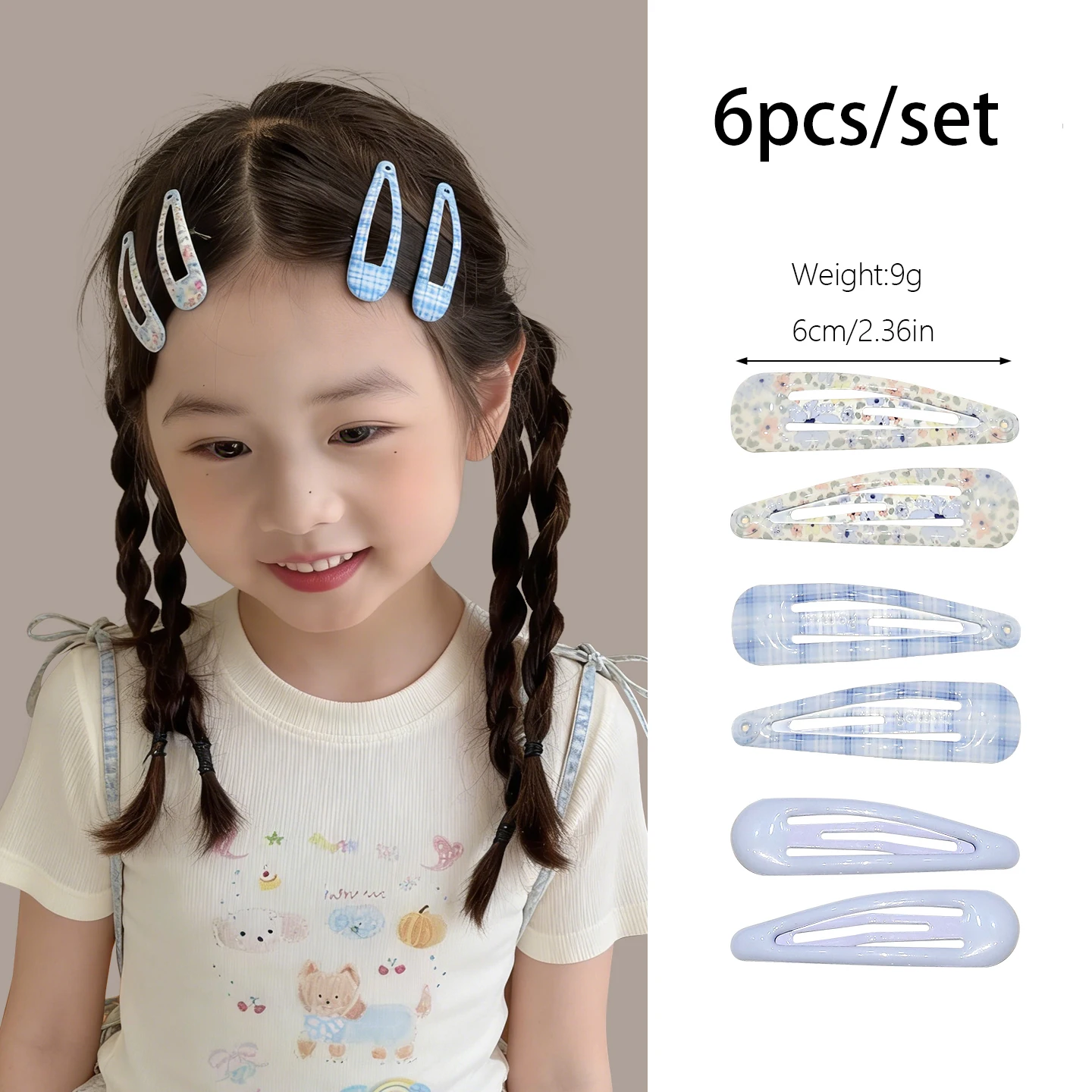 6Pcs/set New Preppy Style Floral Plaid BB Hair Clips Pastel Blue Non-slip Hair Accessories for Girls Toddler Kids Daily Wear