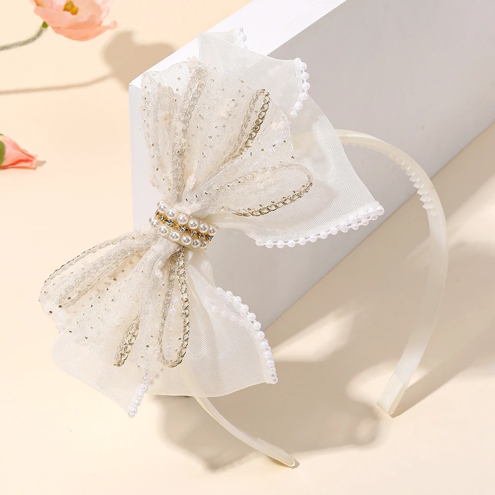 Chiffon Large Bow Headband For Girls Elegant Beige Bownot Hairband Sweet Pearls Non-slip Hair Hoop Party Daily Hair Accessories
