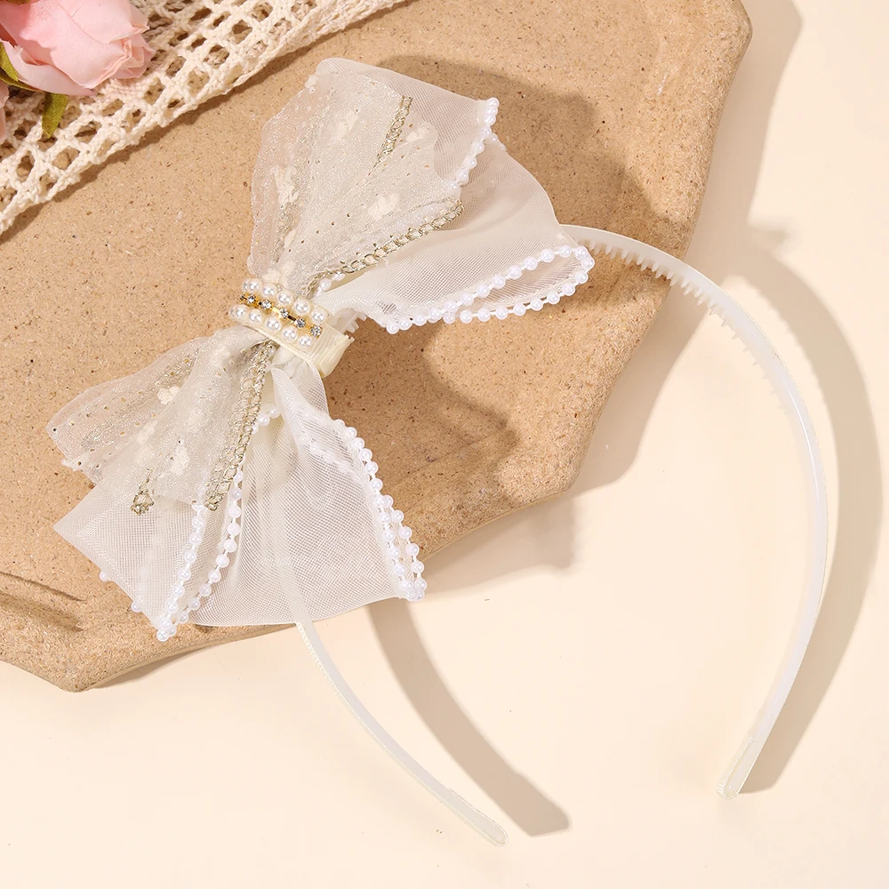 Chiffon Large Bow Headband For Girls Elegant Beige Bownot Hairband Sweet Pearls Non-slip Hair Hoop Party Daily Hair Accessories