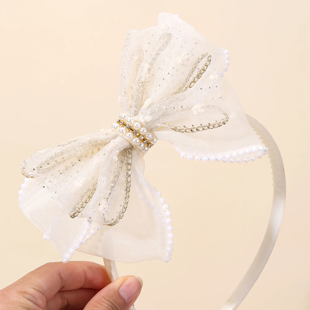 Chiffon Large Bow Headband For Girls Elegant Beige Bownot Hairband Sweet Pearls Non-slip Hair Hoop Party Daily Hair Accessories