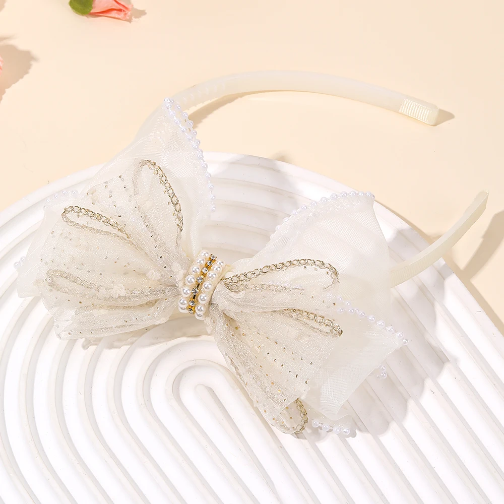 Chiffon Large Bow Headband For Girls Elegant Beige Bownot Hairband Sweet Pearls Non-slip Hair Hoop Party Daily Hair Accessories