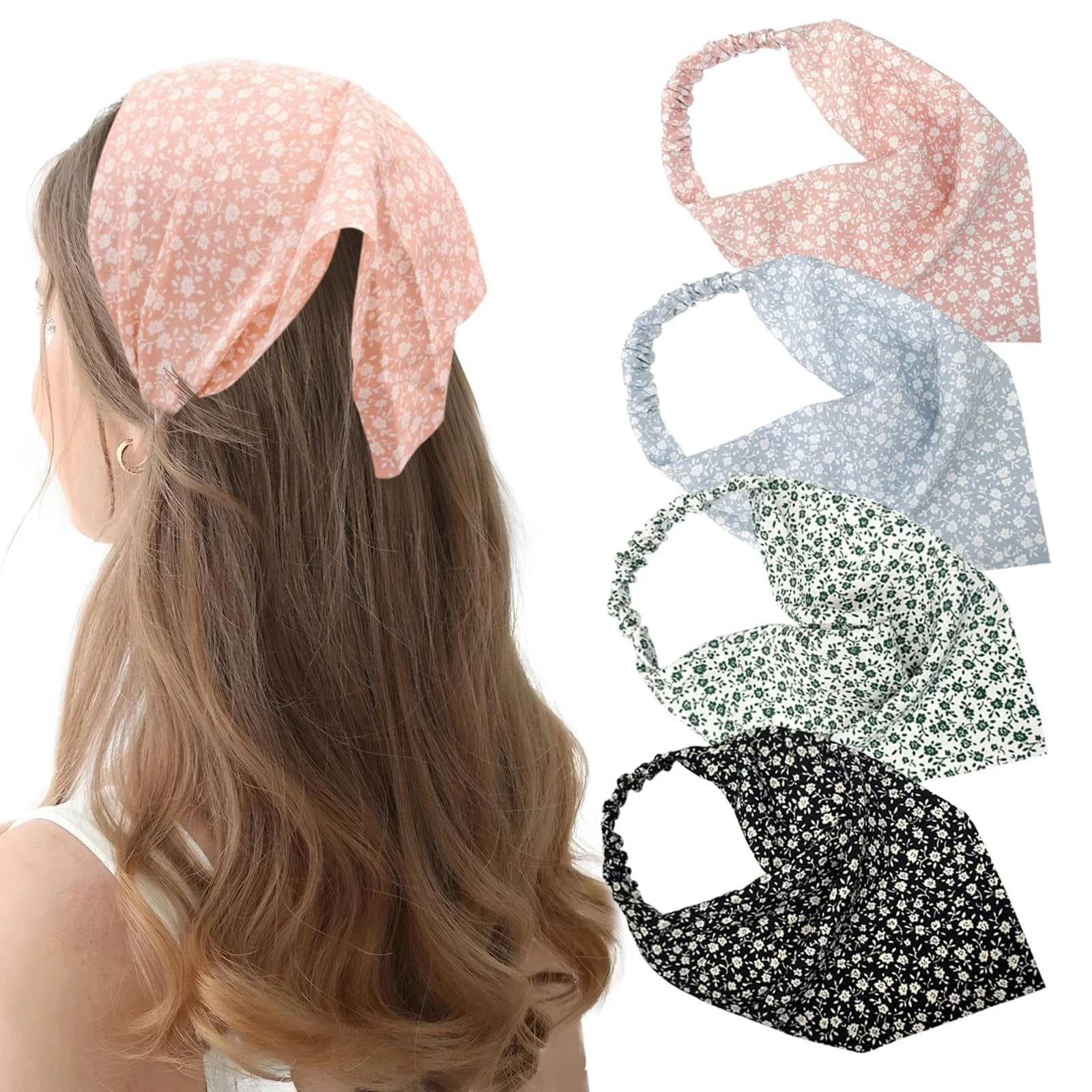 1PCSummer Vintage Floral Triangle Headband, Elastic Boho Flower Print Hair Kerchief, Sweet Breathable Hair Scarf For Women Beach