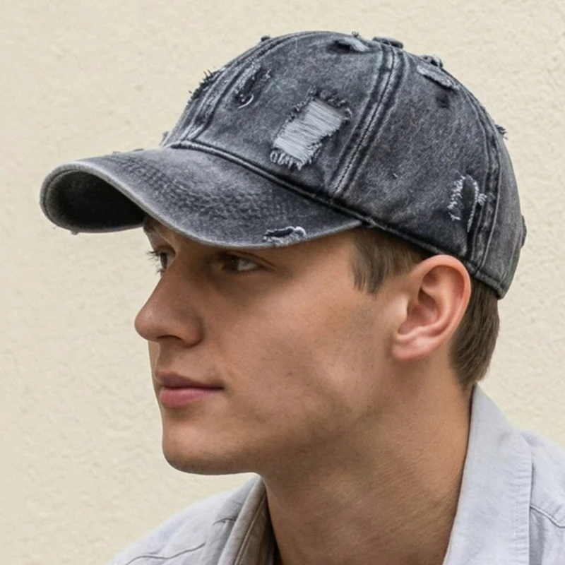 1pc Y2K Style Cowboy Hole Washed Baseball Caps for Women Men, Classic Caps Female Cap Edge Curved Eaves Shade Soft Top Hats