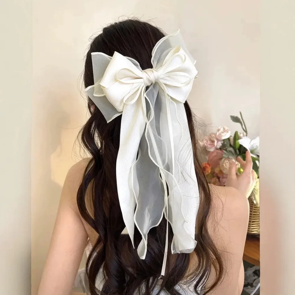 1pc Elegant Organza Bow Cute Hair Clip Large Ruffled Tulle Hair Accessory Satin Tassels Perfect Gothic Vintage Hairstyles Events