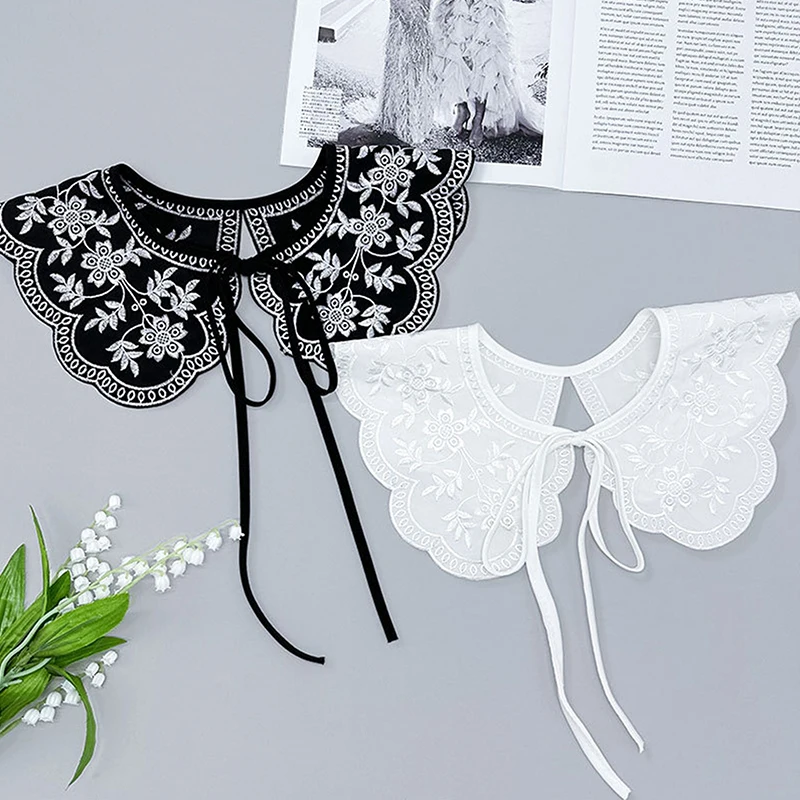 [F] Women Girls Lace Fake Collar Shoulder Wrap Detachable Mesh Embroidery Floral Lace Shawl Wrap Cape Half Shirt Collar