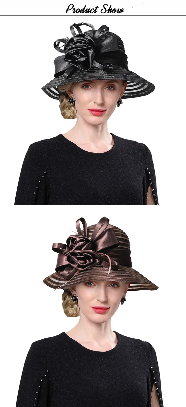 FS Black Red Floppy Organza Fascinators Hats Big Flower Church Hat For Women Elegant Wide Brim Wedding Bride Cap Chapeau Femme