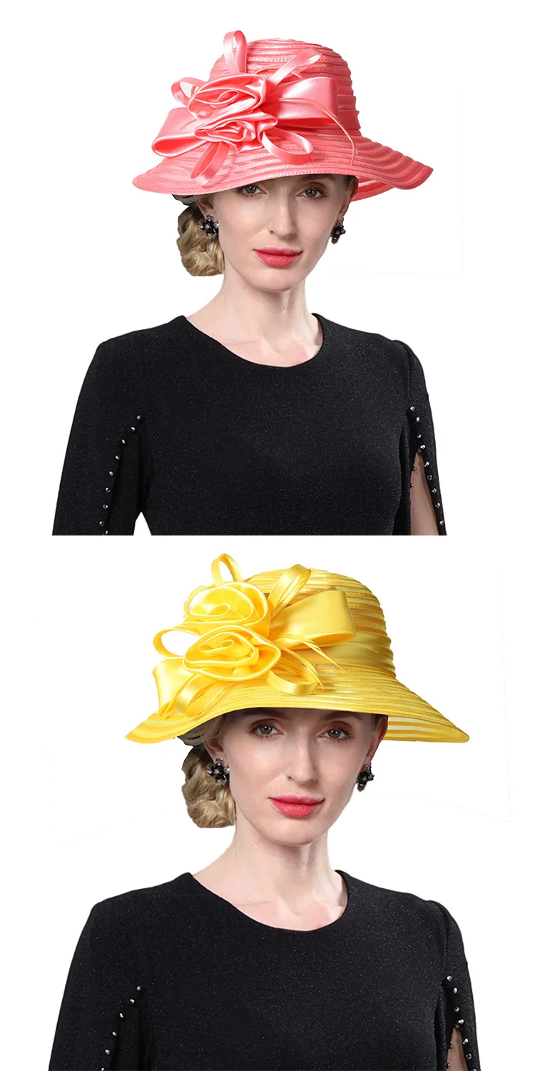 FS Black Red Floppy Organza Fascinators Hats Big Flower Church Hat For Women Elegant Wide Brim Wedding Bride Cap Chapeau Femme