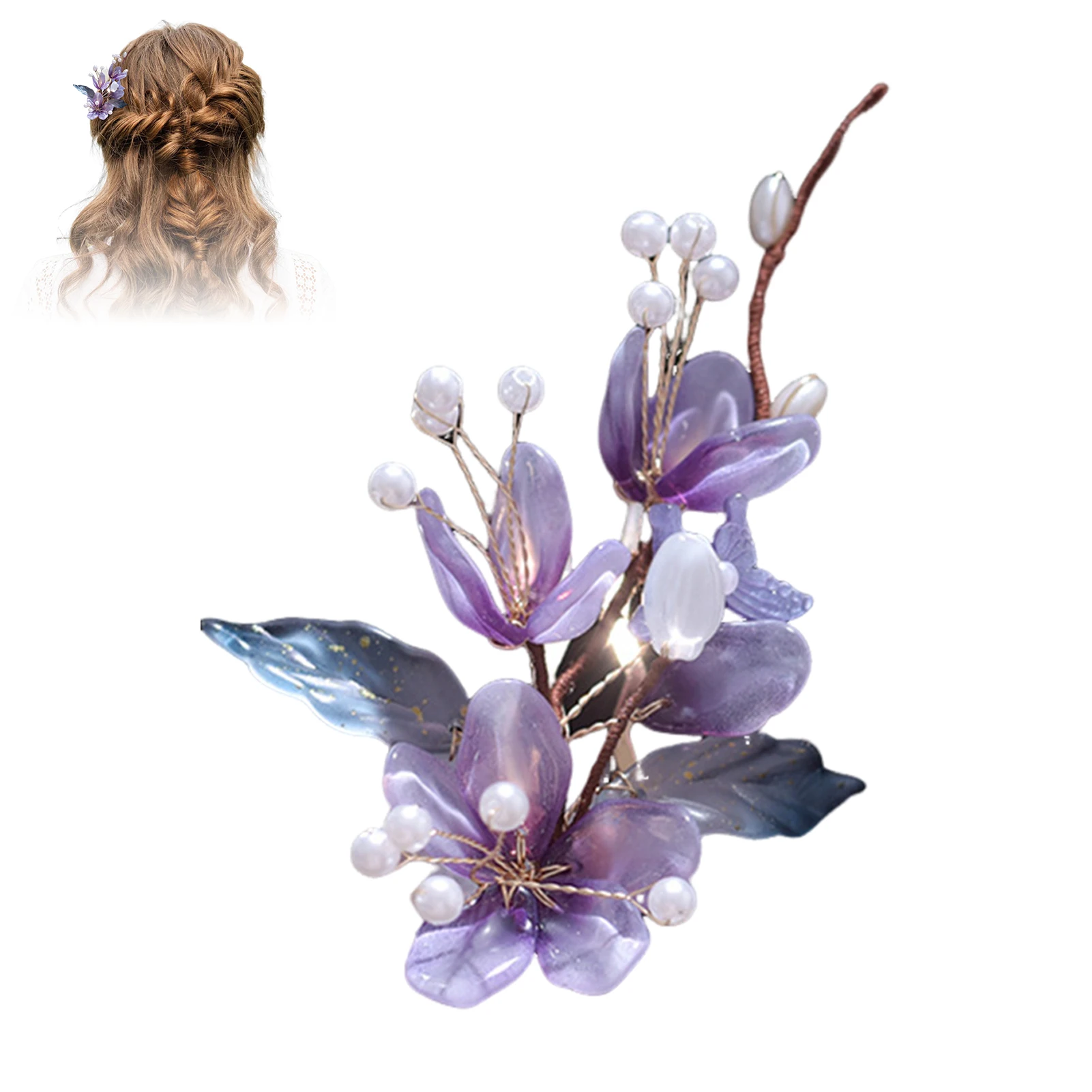 Retro Hairpins Purple Flower Chinese Hanfu Hair Accessories For Women Fairy Pearl Hair Clips Forks Vintage Wedding Hair Jewelry