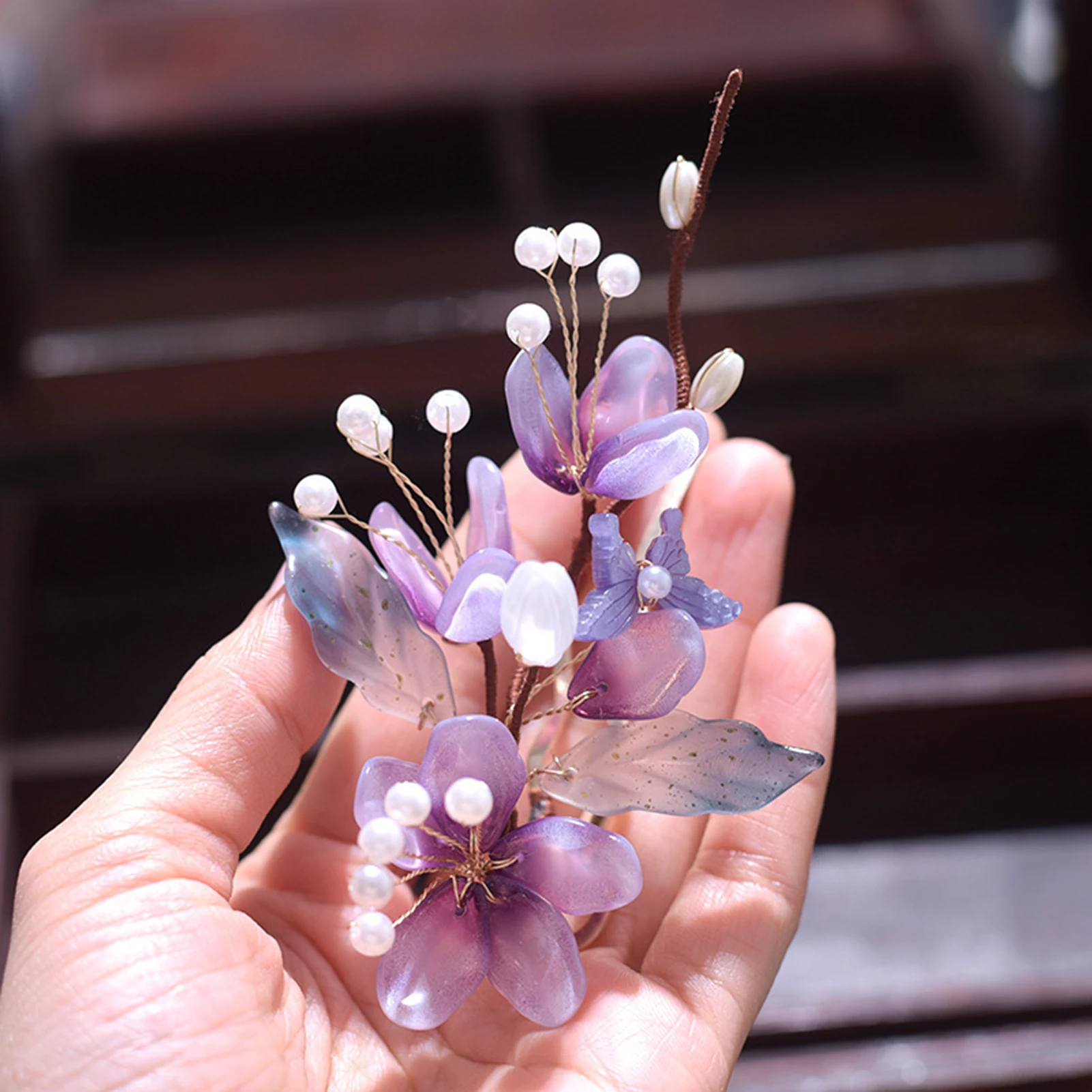 Retro Hairpins Purple Flower Chinese Hanfu Hair Accessories For Women Fairy Pearl Hair Clips Forks Vintage Wedding Hair Jewelry