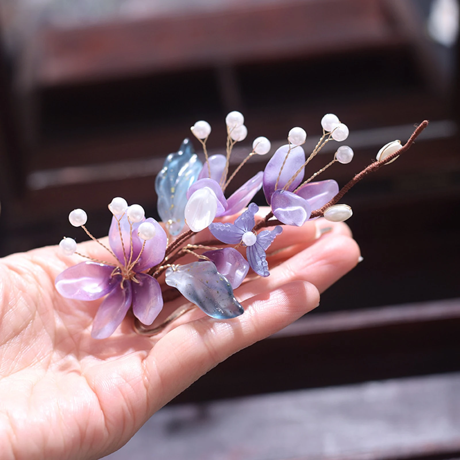 Retro Hairpins Purple Flower Chinese Hanfu Hair Accessories For Women Fairy Pearl Hair Clips Forks Vintage Wedding Hair Jewelry