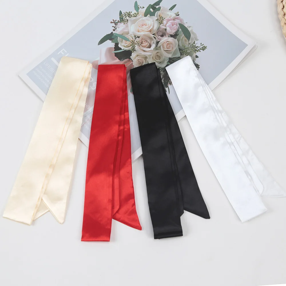 Women Lady Belt Bag Hair Accessories Narrow Short Scarf 100cm Solid Color Silk Rubber Black Bag Ribbon Headbands Choker Streamer