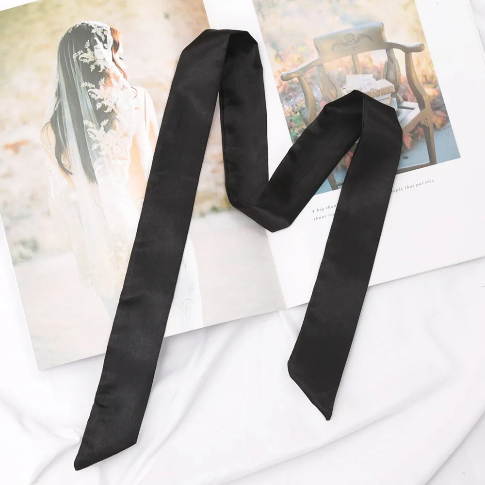 Women Lady Belt Bag Hair Accessories Narrow Short Scarf 100cm Solid Color Silk Rubber Black Bag Ribbon Headbands Choker Streamer