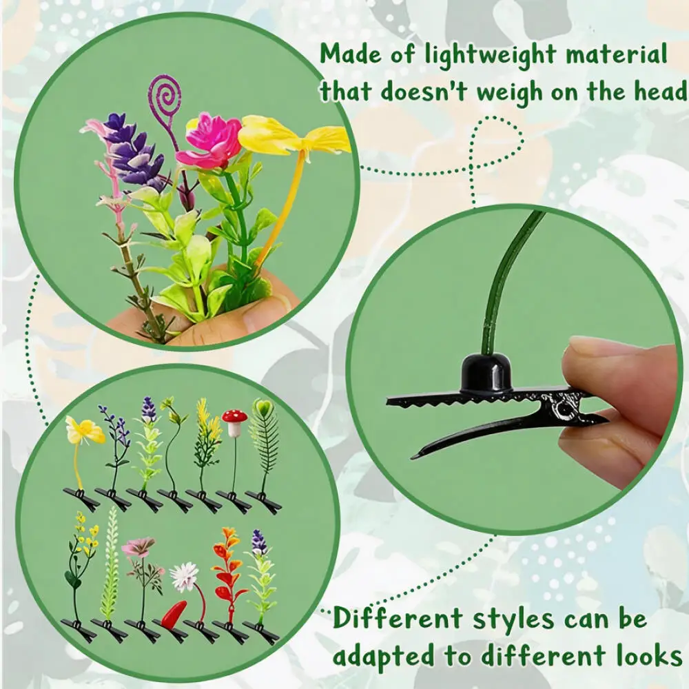 100PCS Unisex Funny Simulation Grass Hair Clips Cute Butterfly Mushroom Flower Shaped Party Hair Accessories