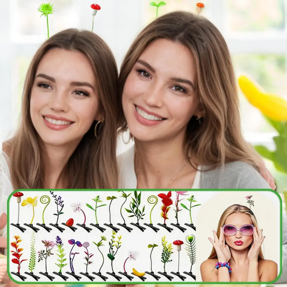 100PCS Unisex Funny Simulation Grass Hair Clips Cute Butterfly Mushroom Flower Shaped Party Hair Accessories